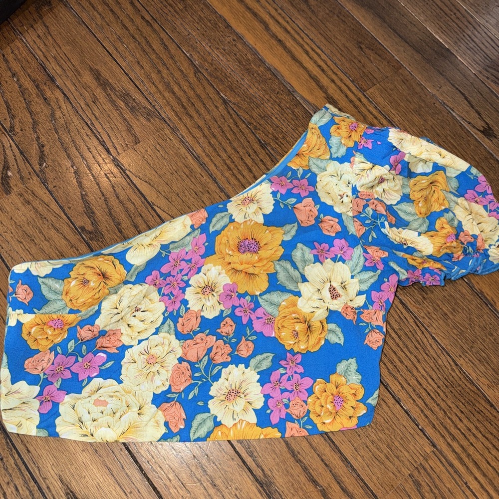Pink Lily Women's One Shouldered Blue Yellow Floral Crop Top Silky Rayon Small